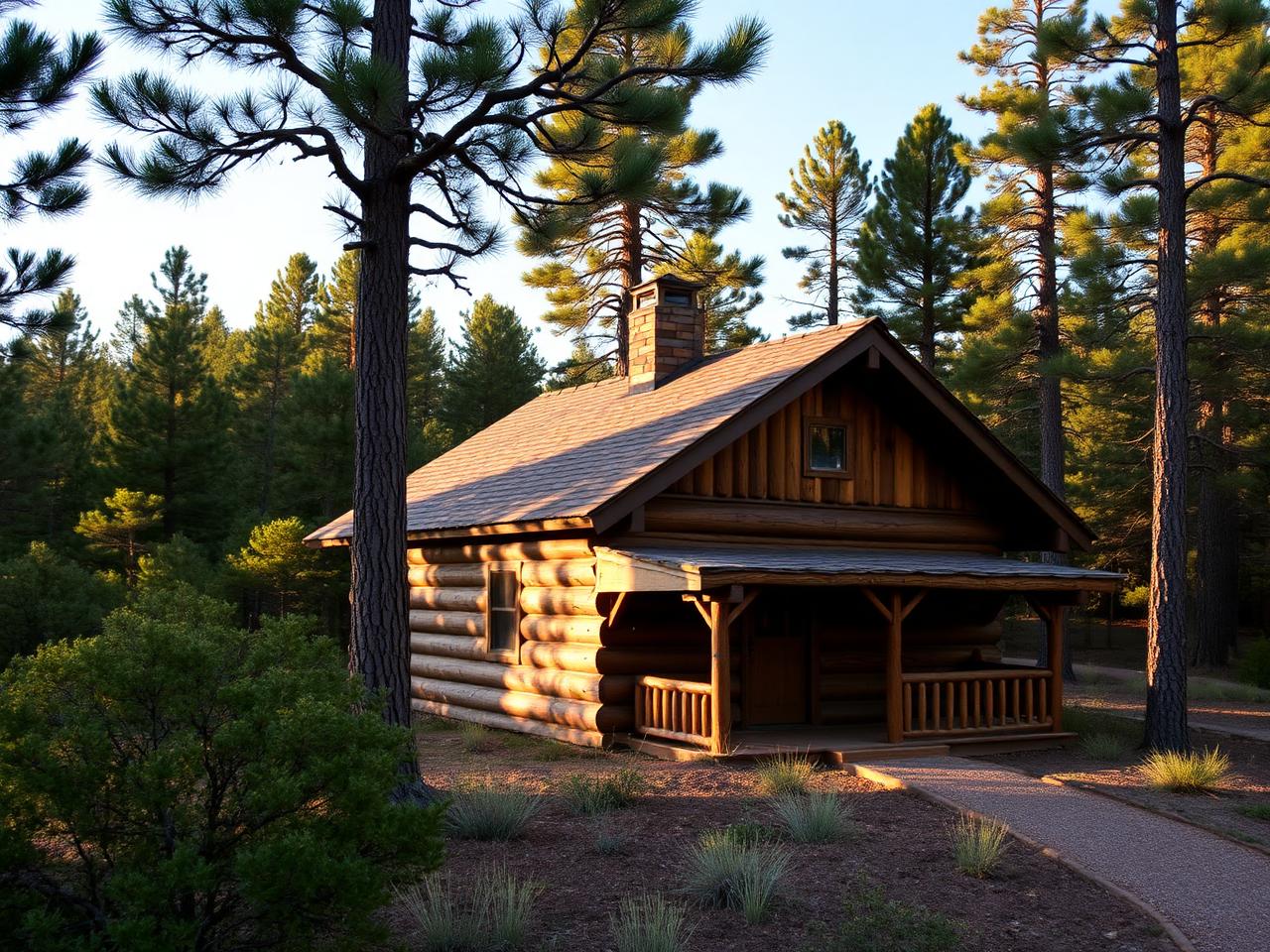 Log cabin in pine forest