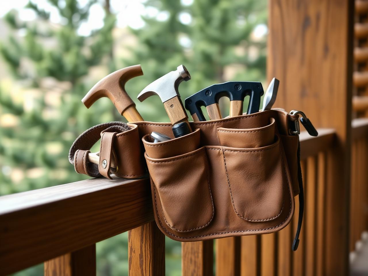 Worn leather handyman tool belt on a cabin porch